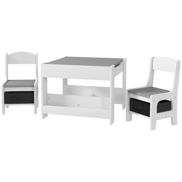 Three-Piece Kids Table and Chair Set with Blackboard, Storage, Bookshelves - Grey