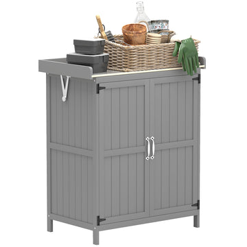 Wooden Garden Shed, Garden Tool Storage Shed with Hinged Roof and Shelf, Outdoor Storage Cabinet with Double Doors, Grey