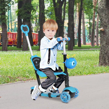 5 in1 Kids Scooter 3 Wheel Toddler scooter Kick Scooter with Adjustable Handlebar, Removable Seat & Back Rest for 18 Month+, Blue