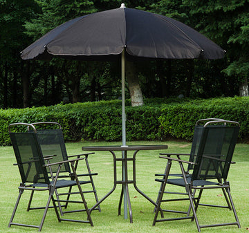 6 Piece Garden Dining Set with Umbrella, Patio Sets with Parasol with 4 Folding Dining Chairs & Round Tempered Glass Table, Black