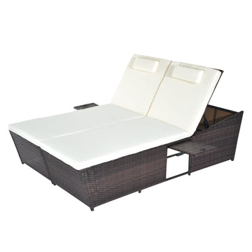 Double Rattan Sun Lounger, Garden Daybed with 5-Level Adjustable Backrest and Flip Side Trays, Wicker Outdoor Furniture Recliner with Cushions and Pillows for Patio, Cream White