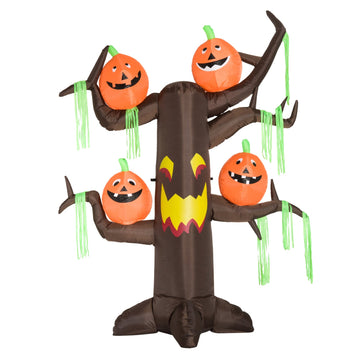 2.4m Halloween Inflatable Ghost Tree with 4 Pumpkins 2 Build-in LEDs, Blow Up Inflatables for Halloween Party Yard Lawn Outdoor Indoor Decoration