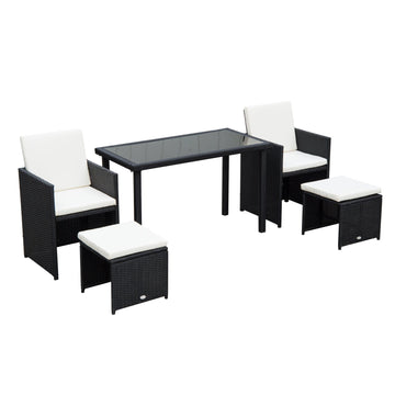 2 Seater Rattan Cube Garden Furniture Set, Rattan Dining Set with Cushions, Outdoor Dining Table and Chairs with 2 Armchairs, 2 Stools, Rectangular Glass Top Table for Patio, Balcony, Black