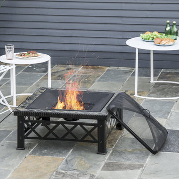 Large Outdoor Fire Pit Table, 3 in 1 Square Wood Burning Firepit Metal Brazier, BBQ Grill, Ice Bucket w/ Grill Grate, Log Grate, Lid, Poker for Garden, Camping, Bonfire, 76 x 76 x 47cm, Black