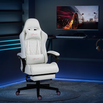 Computer Gaming Chair with Footrest, Video Gaming Chair for Adults with 130° Reclining Back, Desk Chair with Lumbar Support and Adjustable Height, White