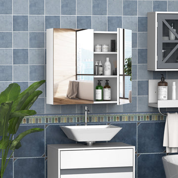 Mirror Cabinet, Wall Mount Bathroom Storage Cabinet with Adjustable Shelf, Double Door Cupboard, 70 x 15 x 60 cm, White
