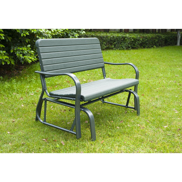 2 Seats Garden Glider Bench, Metal Frame and HDPE Swing Loveseat, Porch Rocking Glider for 2 Person with High Back and Armrest, Dark Green
