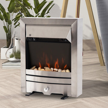 2KW Stainless Steel Electric Fireplace Pebble Burning Effect Heater Fire Flame Indoor Stove LED Lighting
