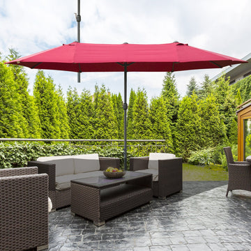 4.6M Sun Umbrella Canopy Double-sided Crank Sun Shade w/ Cross Base Wine Red