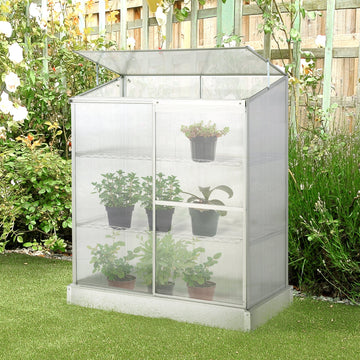 3 Tier Greenhouse Garden Outdoor Cold Frame Plant Flower Growth Transparent Polycarbonate Board Openable Roof Sliding Door w/ Foundation 131L x 58W x 140H cm