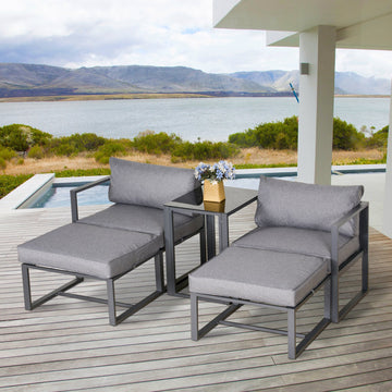 5 Piece Garden Aluminium Conversation Sofa Set Patio Furniture Set Outdoor 2 Sofas 2 Footstools End Table with Cushions