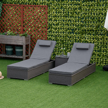 3 Pieces Rattan Sun Lounger Set with Aluminium Frame, 5-Position Adjustable Reclining Garden Chairs and Glass Top Table, Wicker Garden Furniture Daybed with Cushions for Patio, Grey