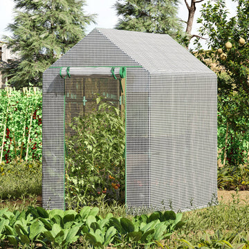 Walk In Greenhouse with 2-Tier Shelves, Roll up Zip Panel Door, Garden Polytunnel Steeple Grow House for Outdoor, 6 x 4 x 6ft White
