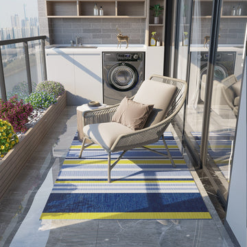 Reversible Outdoor Rug, Waterproof Plastic Straw Mat for Backyard, Deck, RV, Picnic, Beach, Camping, 121 x 182 cm, Dark Blue and Yellow