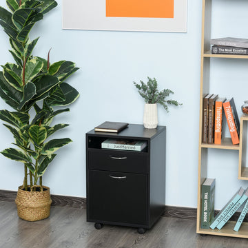 60cm Filing Cabinet with Drawer, Open Shelf, Metal Handles and 4 Wheels, Office Home Organiser Mobile Printer, Black