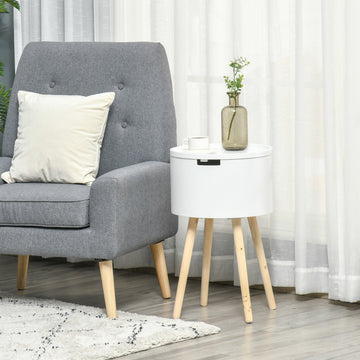 Modern Side Table with Hidden Storage Space, Round Night Stand with Removable Tray Wood Frame End Coffee Table for Living Room, White