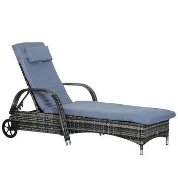 Garden Rattan Furniture Single Sun Lounger Recliner Bed Reclining Chair Patio Outdoor Wicker Weave Adjustable Headrest with Fire Retardant Cushion - Grey