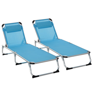 2 Pieces Foldable Outdoor Sun Lounger with Pillow, 5-Level Adjustable Reclining Lounge Chair, Aluminium Frame Camping Bed Cot, Blue