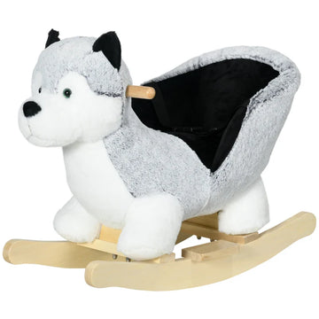 Baby Rocking Horse, Husky-Designed Plush Rocking Animal, with Sounds, Seatbelt, for Ages 18-36 Months - Grey