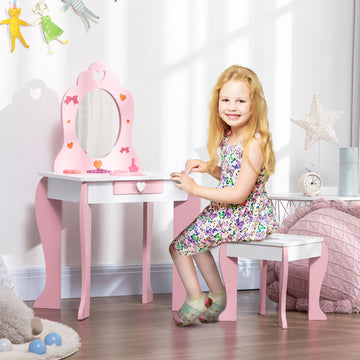 Kids Dressing table Set w/ Mirror, Stool, Drawer, Cute Patterns, for Ages 3-6 Years - Pink