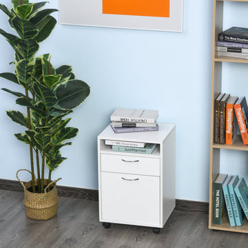 60cm Filing Cabinet with Drawer, Open Shelf, Metal Handles and 4 Wheels, Office Home Organiser Mobile Printer, White