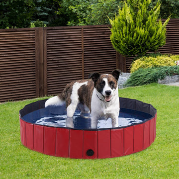 Foldable Dog Paddling Pool Pet Cat Swimming Pool Indoor/Outdoor Collapsible Summer Bathing Tub Shower Tub Puppy Washer (Φ120 × 30H cm, Red)