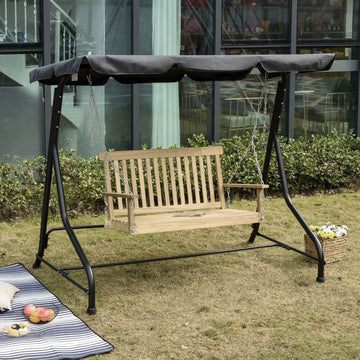 Outdoor Wooden Swing Bench 2-Seater Porch Swing Chair Hanging Hammock Garden Furniture, Natural