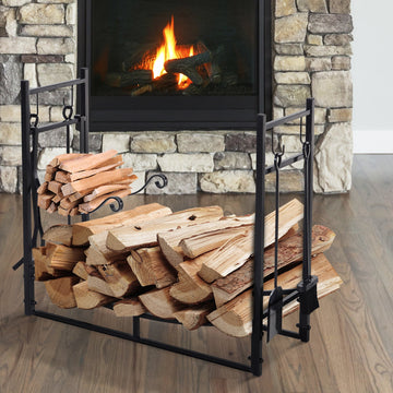 Metal Firewood Log Holder Indoor Outdoor Firewood Rack Fireplace 2 Tier Wood Storage Shelf with 4 Tools, Hooks, Scrolls, Black, 84W x 33D x 76H cm