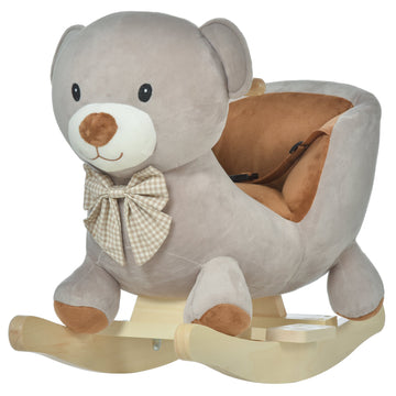 Kids Children Rocking Horse Plush Ride On Bear Seat w/ Sound Wood Base Seat Safety Belt Toddler Baby Toy for 18-36 Months Grey