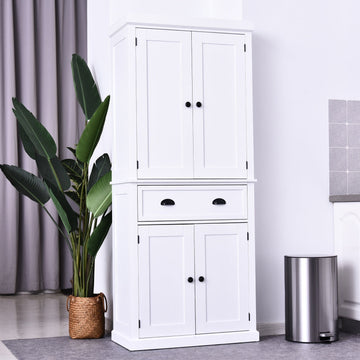 Freestanding Kitchen Cupboard, 184cm Tall Storage Cabinet with Doors and Shelves, Traditional Colonial 4-Door Kitchen Pantry Cupboard with Drawer, White