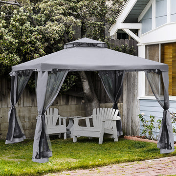 3 x 3 m Metal Gazebo, Garden Pavillion, Double Roof Outdoor Canopy Shelter with Mesh Sidewalls, Grey