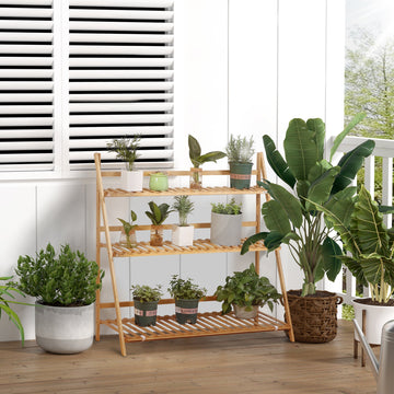 3-Tier Plant Stand, Plant Shelf Rack, Folding Bamboo Display Stand, 98x37x96.5cm, Natural