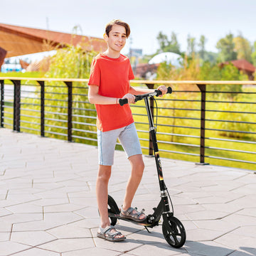 Kids Foldable Kick Scooter w/ Adjustable Height, Break, Big Wheels, for Ages 7-14 Years - Black
