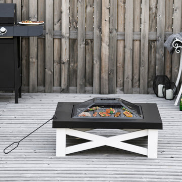 Outdoor 3 in 1 Square Fire Pit Brazier with BBQ Grill, Metal Large Firepit with Lid, Log Grate, Poker for Backyard, Camping, Bonfire, Wood Burning Stove, 86 x 86 x 38cm, Black