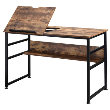 Adjustable Drafting Table Art Desk Drawing Table, Craft Desk Workstation for Painting, Multifunctional Writing Desk w/ 15-Level Tiltable Tabletop and Storage Shelf, Home Office, Rustic Brown