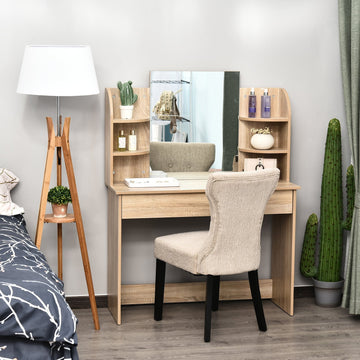 Modern Dressing Table Writing Desk W/ Mirror, Big Drawers, 2-Tier Open Shelf For Home Bedroom Natural
