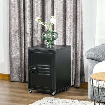 Industrial Bedside Table, Rolling End Side Table, Mobile Storage Cabinet With Adjustable Shelf, Wheels & Metal Door for Bedroom, Living Room, Home Office, Black