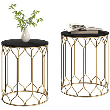 Garden Side Table Set of 2, Nesting Tables with Ceramic Tile Top, Indoor Outdoor Small Garden Tables, Multifunctional End Tables with Metal Frame for Patio, Balcony, Porch, Black