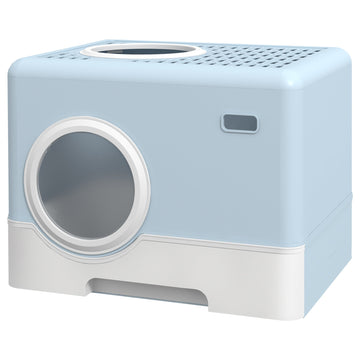 Enclosed Cat Litter Box, with Lid, Front Entry, Top Exit, Pull-Out Tray, Scoop - Blue
