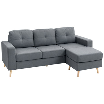3 Seater Sofa with Footstool, Fabric L-Shaped Sofa, Sectional Couch with Wood Legs, Tufting Cushioned Back for Small Space, Living Room, Office, Dark Grey