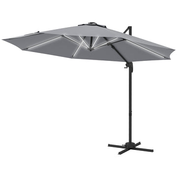 3(m) Adjustable Cantilever Parasol with Base, Solar LED Lights, Light Grey