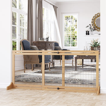 Freestanding Dog Gate, Foldable Pet Fence, Indoor Wood Barrier, Stair Gate with Support Feet, for Doorway, Hallway, Small and Medium Dogs, 69H x 104-183 cm, Natural Wood Finish