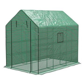 Walk-in Greenhouse with 3 Tier 12 Shelves, Small Greenhouse with Reinforced PE Cover, Garden Plant Growhouse with Roll-up Door and Three Mesh Windows, 140 x 213 x 190 cm, Green
