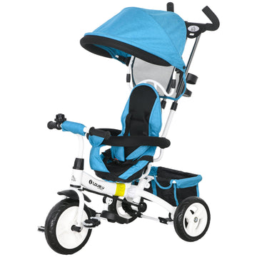6 in 1 Kids Trike Push Bike w/ Push Handle, Canopy, 5-point Safety Belt, Storage, Footrest, Brake, for 1-5 Years, Blue