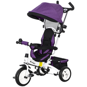 6 in 1 Kids Trike Push Bike w/ Push Handle, Canopy, 5-point Safety Belt, Storage, Footrest, Brake, for 1-5 Years, Purple