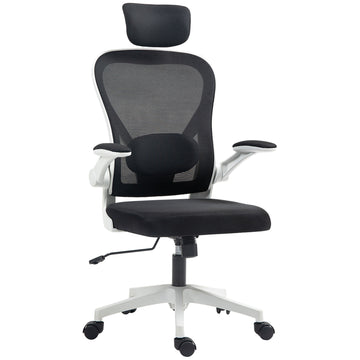 Executive Office Chair, Ergonomic Mesh High Back Desk Chair with Flip-up Armrest, Rotatable Headrest, Adjustable Lumbar Support for Home Study, Black