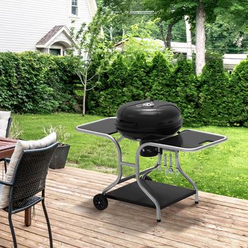 Portable Charcoal Kettle Grill Outdoor Barbecue Trolley BBQ Heat Smoker Grilling with 2 Wheels, Storage Shelf and 4 Hooks, Free Standing, Black