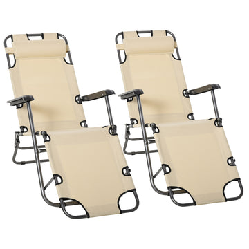 2 Pieces 2 in 1 Sun Lounger Folding Reclining Chair Garden Outdoor Camping Adjustable Back with Pillow, Beige