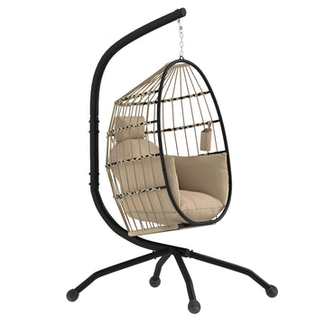 Hanging Egg Chair Outdoor Indoor Garden Swing Chair with Folding Basket and Thickened Cushion, Garden Hanging Chair with Stand, Headrest, Cup Holder for Patio, Balcony, Khaki