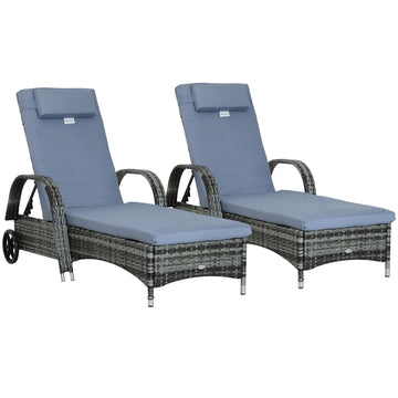 2PC Rattan Sun Lounger Recliner Bed Reclining Chair Patio Garden Outdoor Wicker Weave Adjustable Headrest with Fire Retardant Cushion – Grey